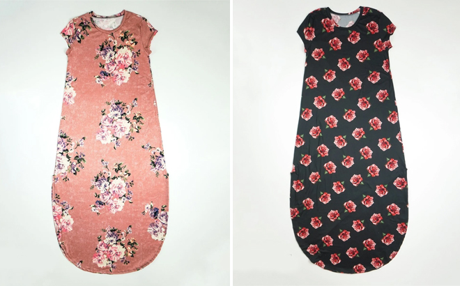 Spring Floral Maxi Dress With Side Slits Peach Pink Black Rose