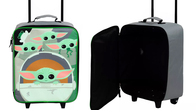 Star Wars Mandalorian Grogu Kids 14 Inch Luggage on the Left and Open Bag View of Same Item on the Right