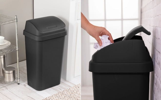 Sterilite 13 Gallon Trash Can Next to a Counter on the Left and the Top of the Can on the Right