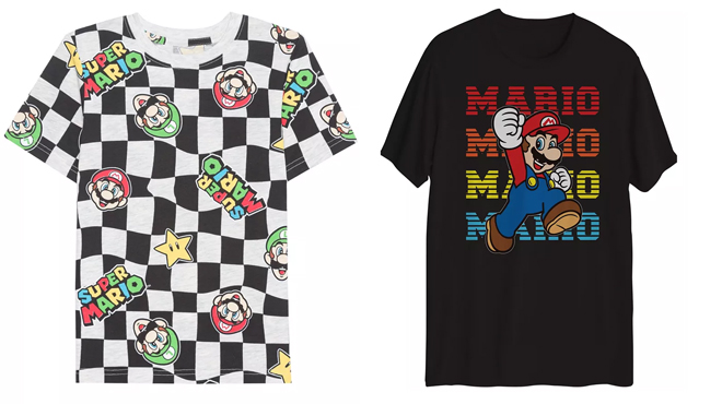 Super Mario Graphic Tees Hybrid Nintendo All Over Print on the left and Hybrid Mens Mario Short Sleeve T Shirt on the right