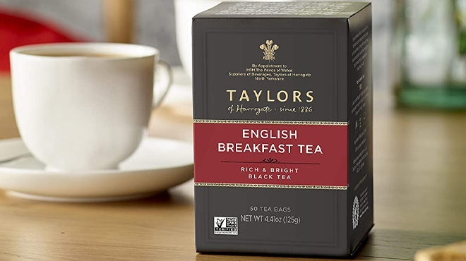 Taylors of Harrogate English Breakfast Tea 50 Count Box on Kitchen Table