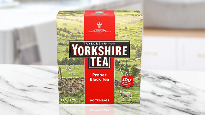Taylors of Harrogate Yorkshire Black Tea 100 Pack Box on Kitchen Counter