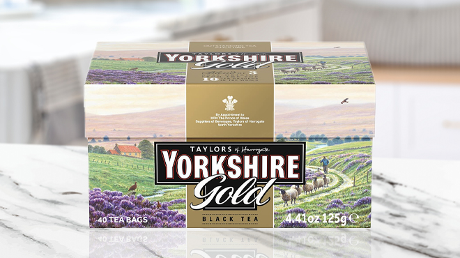 Taylors of Harrogate Yorkshire Gold Tea 40 Count Box on Kitchen Counter