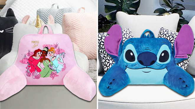 The Big One Princess Backrest Pillow on a Bed on the Left and the Stitch one on a Coach on the Right Side