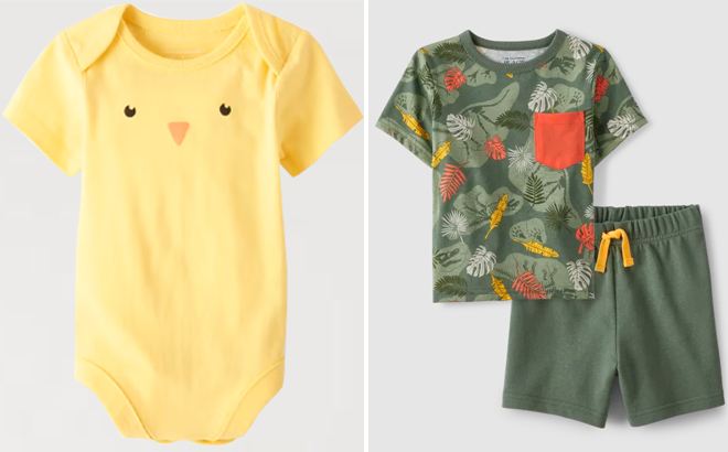 The Childrens Place Baby Chick Graphic Bodysuit and Toddler Boys Tropical Leaf 2 Piece Set