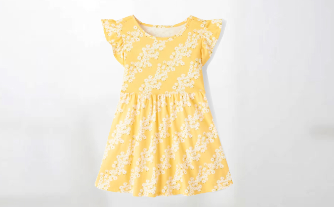 The Childrens Place Baby Toddler Girls Daisy Babydoll Dress on a Gray Background