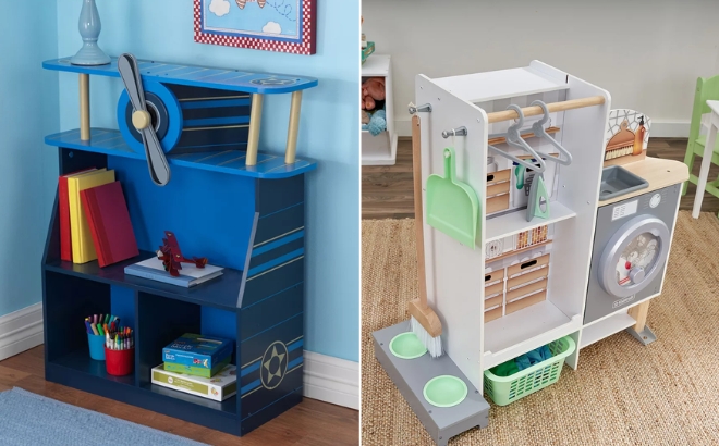 The KidKraft Airplane Bookcase on the Left and the KidKraft 2 in 1 Kitchen and Laundry Playset on the Right