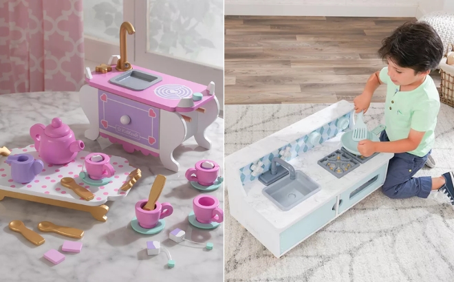 The KidKraft Lets Pretend Tea Party Playset on the Left and the KidKraft Play Put Away Wooden Kitchen on the Right