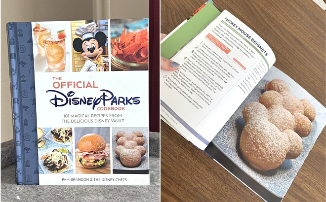 The Official Disney Parks Cookbook Cover on the Left and the Cookbook Open at The Mickey Mouse Beignets Recipe on the Right