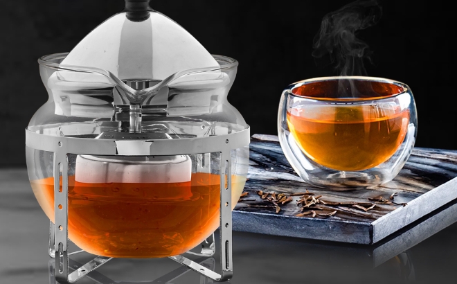 The Ovente Glass Teapot with Removable Infuser on a Black Background