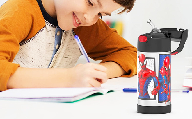 Thermos Funtainer Spider Man 12 Ounce Stainless Steel Vacuum Insulated Kids Straw Bottle with Boy
