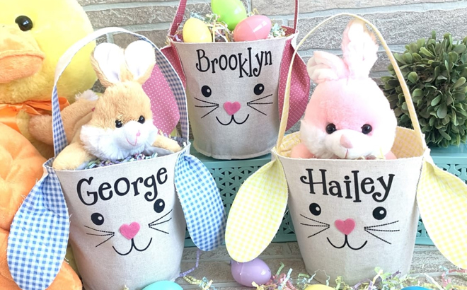 Three Easter Bunny Bags in Pink Blue and Yellow Colors