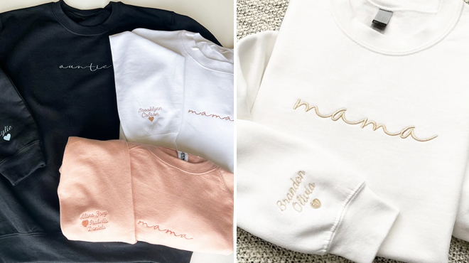 Three Folded Mama Sweatshirts in Different Colors on the Left and One White Mama Sweatshirt on the Right