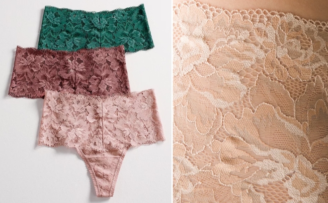 Three Soma Signature All Over Lace Retro Thongs on the Left and a Closeup of the Beige Lace on the Right