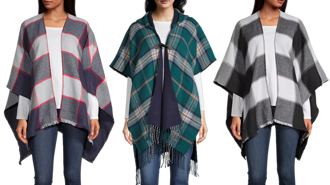 Three Women Wearing St Johns Bay Buffalo Plaid Wrap in Three Different Colors