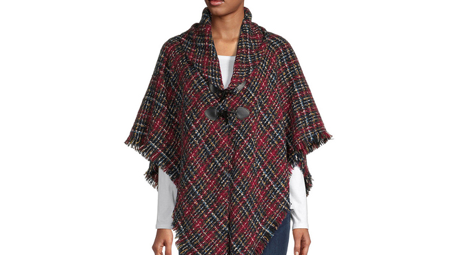 Three Women Wearing St Johns Bay Plaid Toggle Wrap in Red