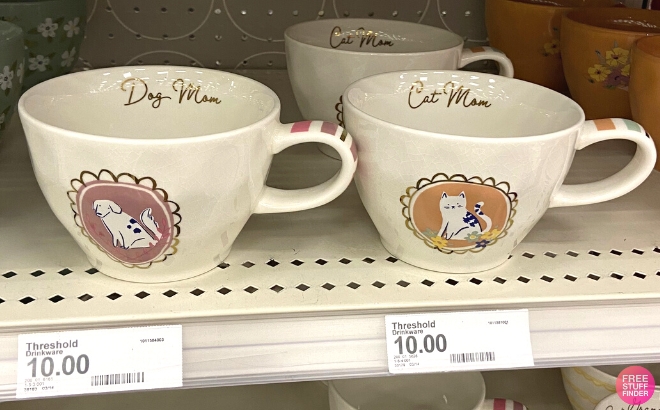 Threshold Dog Mom Latte Mug on a Shelf at Target on the Left and the Cat Mom One on the Right