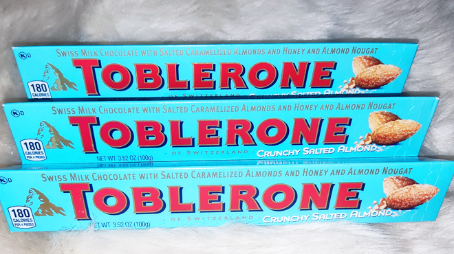 Toblerone Swiss Milk Chocolate Candy Bars with Salted Caramelized Almonds and Honey and Almond Nougat
