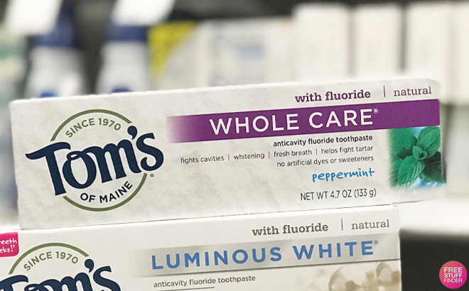 Toms of Maine Whole Care Toothpaste Peppermint on top of another Tom's of Maine Toothpaste