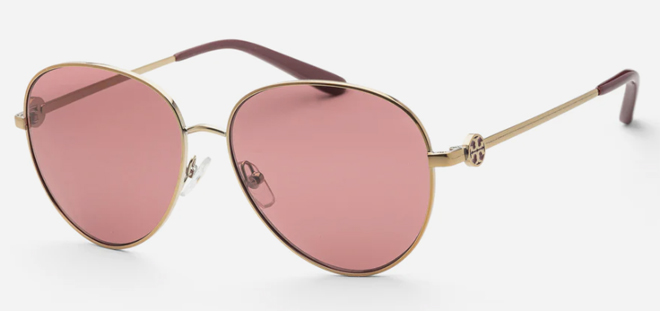 Tory Burch Womens Fashion 56mm Sunglasses Shiny Gold on a Gray Background