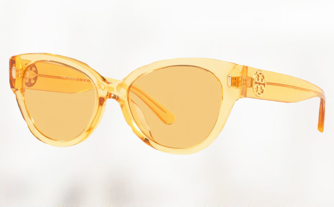 Tory Burch Womens Transparent Passionfruit Sunglasses on a Blurry Background