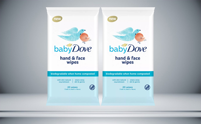 Two Baby Dove Hand and Face Wipes Unscented Resealable Pack 20 Ct