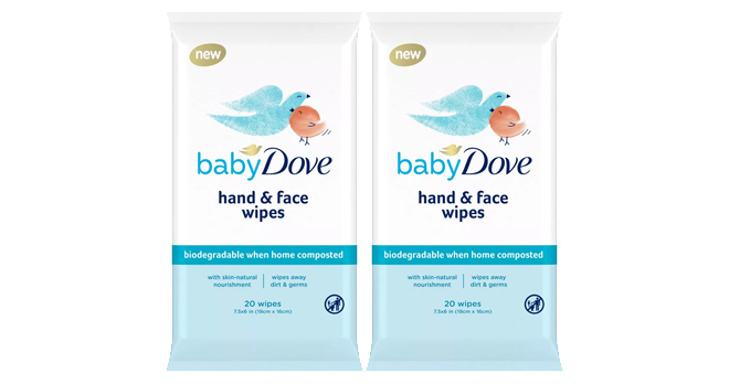 Two Baby Dove Hand and Face Wipes Unscented Resealable Pack 20 Total Wipes