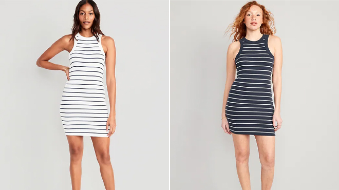 Two Models Wearing Old Navy Striped Womens Dresses in Black and White