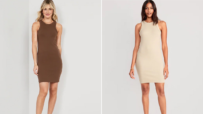 Two Models Wearing Old Navy Womens Dresses in Brown and Beige