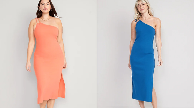 Two Models Wearing Old Navy Womens Dresses in Peach and Blue