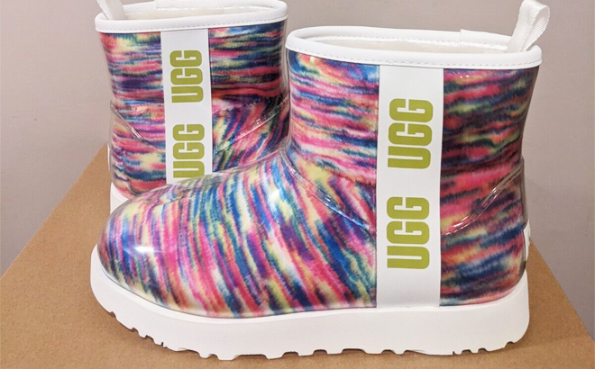 UGG Classic Clear Mini II Pixelate Boot in Multicolor on a Shoe Box
