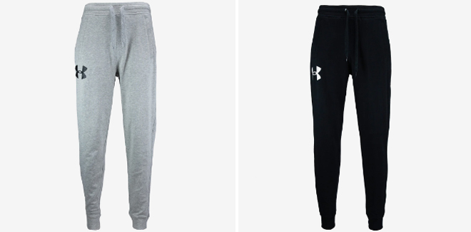 Under Armour Mens Rival Fleece Logo Joggers Heather Gray and Black Colors
