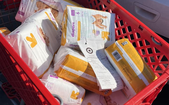 Up Up Diapers in a Target Cart with Recepit