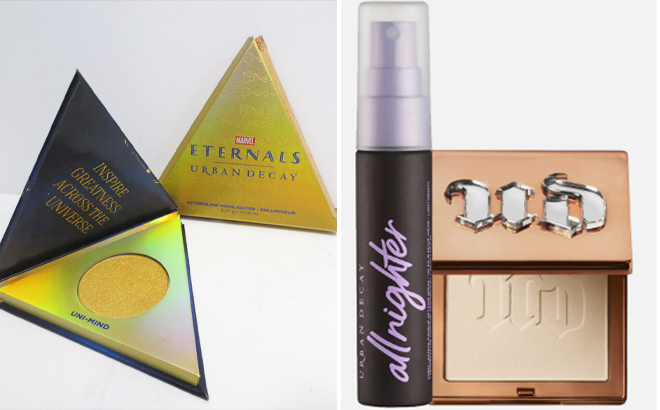 Urban Decay Marvels Eternals Afterglow Highlighter on a Gray Background