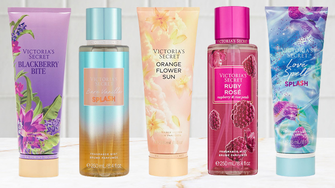Victorias Secret Mists and Body Care on a Bathroom Countertop