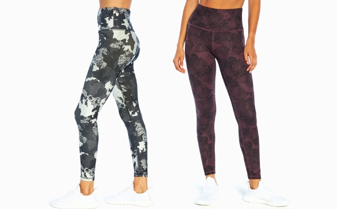 Woman Wearing the Marika Astrid Ankle Reversible Leggings on the Left and the Balance Collection Contender Leggings on the Right