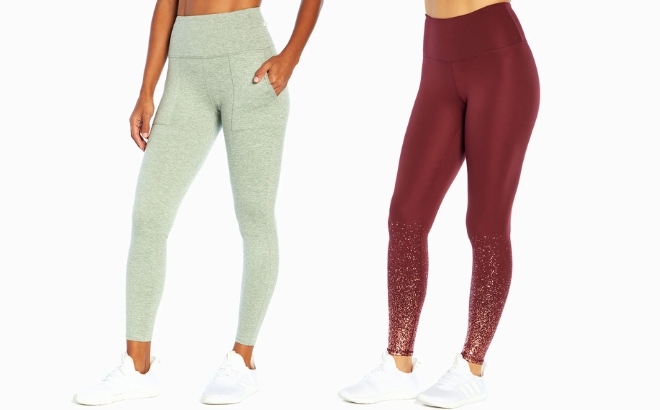Woman Wearing the Marika Michelle Leggings on the Left and the Shimmer Leggings on the Right