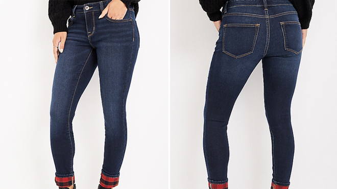 Womens Plaid Cuff Mid Rise Jeans