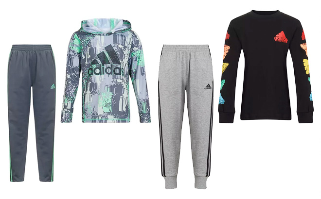 adidas Boys 4 7 2 Piece Allover Print Hoodie and Pants Set and Boys 4 7 Long Sleeve Cotton Graphic T Shirt Jogger Set