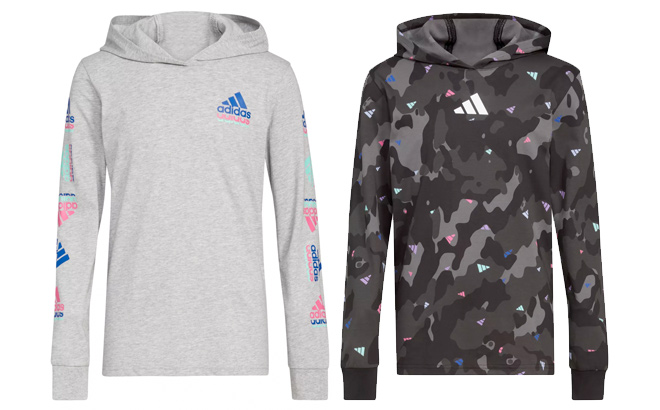 adidas Boys 8 20 Long Sleeve 22Echo Brand Love22 Hooded Heather Graphic T Shirt and Boys 8 20 Long Sleeve Strength Camo Hooded T Shirt