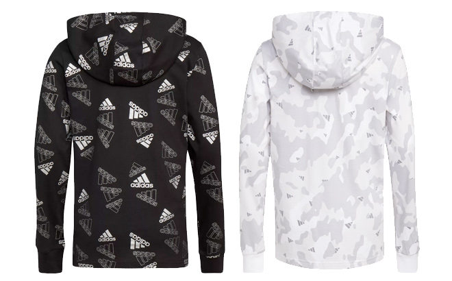 adidas Boys Long Sleeve Tubing Badge of Sport Hoodie and Boys Long Sleeve Strength Camo Hooded T Shirt