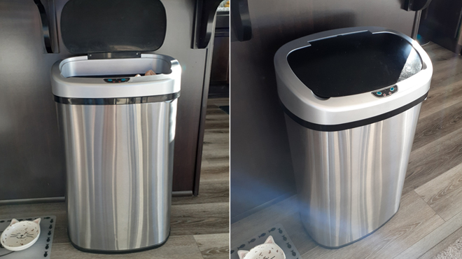 igacc 13 Gallon Automatic Trash Can with open lid on the left and close lid on the right