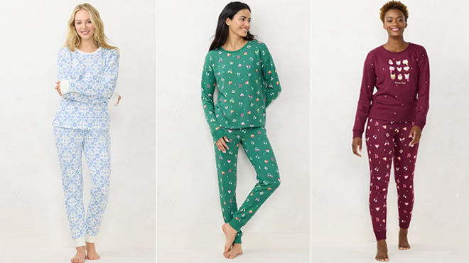 lauren condrad pajama set in GREEN CAT HATS CAT HATS WINE and WHITE GEO KNIT FLORAL colors lauren condrad pajama set in GREEN CAT HATS CAT HATS WINE and WHITE GEO KNIT FLORAL colors