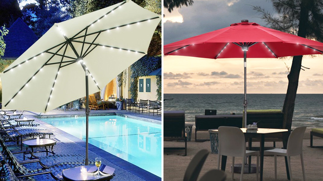 10 Foot Solar Patio Umbrella in White Color on the Left and Same Item in Red Color on the Right