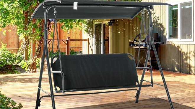 3 Person Canopy Steel Porch Swing in Black Color