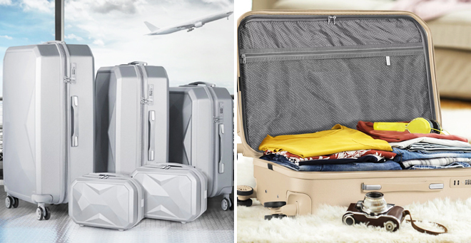 5 Piece Hardside Luggage Set in Silver Color on the Left and One Open Luggage in Beige on the Right