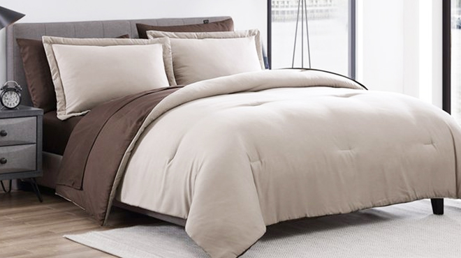 A Bed with Nesting Company Khaki Brown Chestnut Reversible Seven Piece Comforter Set Cover