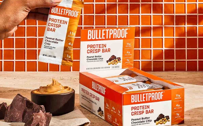 A Box of Bulletproof Protein Crisp Bars in Peanut Butter Chocolate Chip on a Kitchen Counter