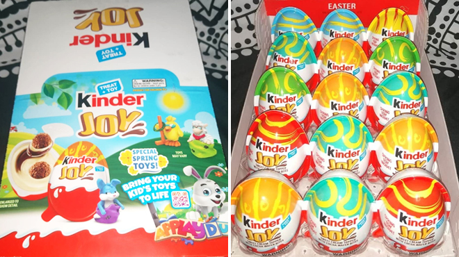 A Box of Kinder Joy Easter Eggs 15 Count on the Left and Opened Box Showing All the Kinder Eggs on the Right