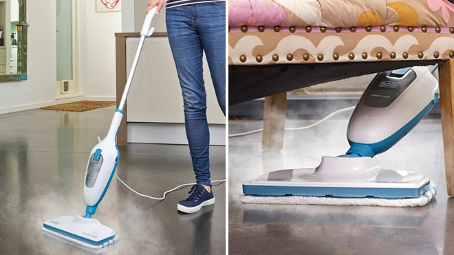 A Woman Holding Black Decker Classic Steam Mop on the Left and Closer Look of Same Item on the Right